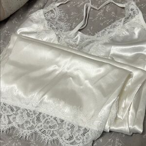 Elegant White Lace Trim Satin 2 piece lingerie